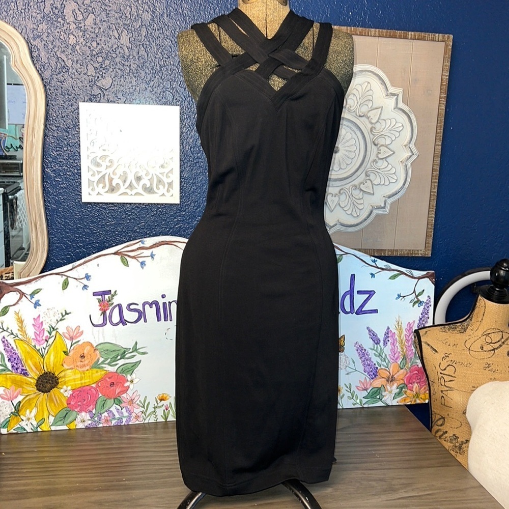 90’S TADASHI BLACK CUT OUT DARK ROMANCE STRAP DRESS SIZE SMALL